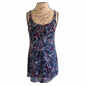 Guess Dress size 9 Sleeveless Y2K 90's Paisley Sheer Shift Retro Colorful Ruffle